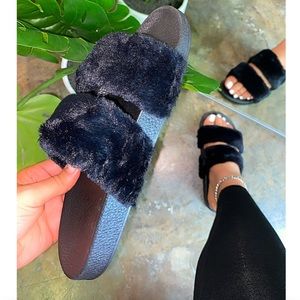 Black Double Band Faux Fur Slides Sandals Slippers
